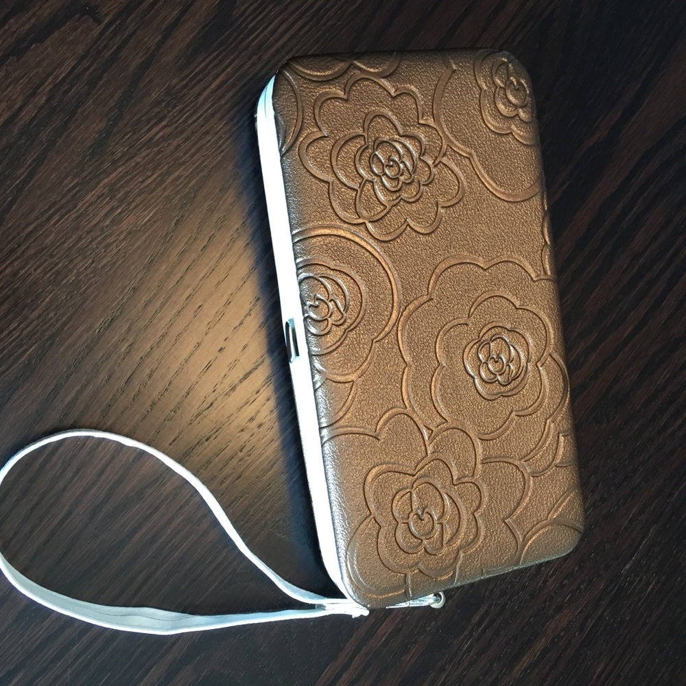 Bronze faux leather metallic snap wallet/wristlet